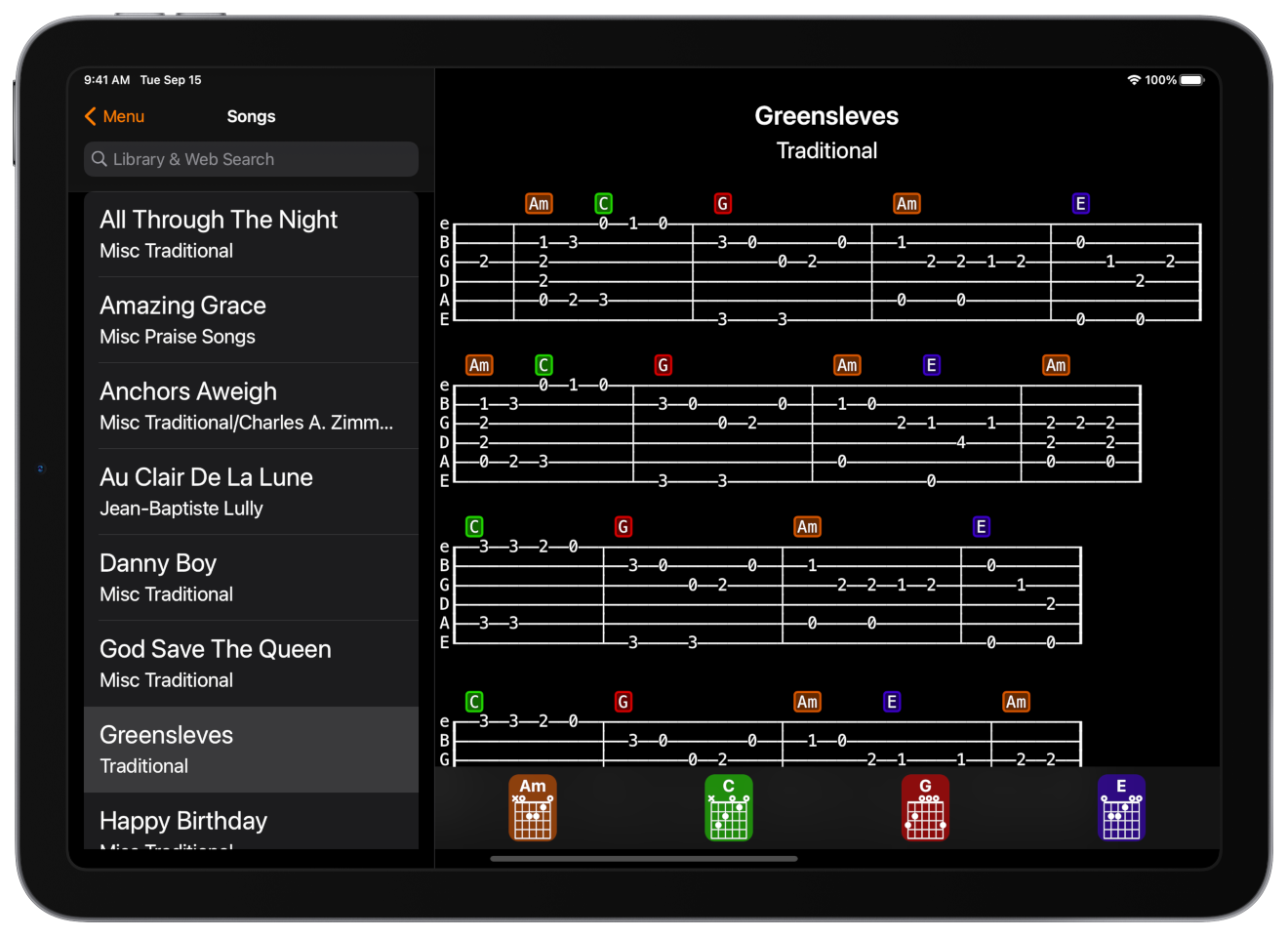 SongFolio iPad App showing Greensleves tab